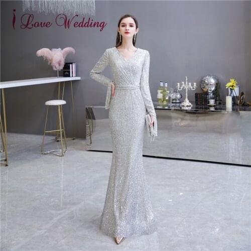 New Arrival 2020 Sliver Evening Dresses Long Sleeves Pleated Trumpet Formal Long Evening Dresses for Party Gown