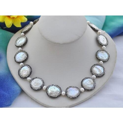 MCT·STAR Z10276 Twinkle Black CZ 19" 24mm White Coin Keshi Pearl Necklace