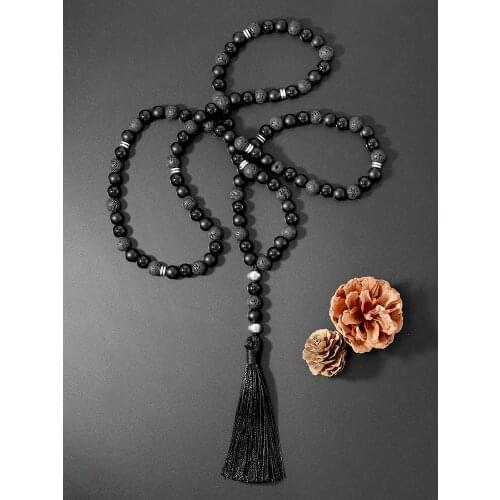 OAIITE 8mm Onyx and Lava Stone Beads Necklace Ethnic Bohemia 108 Mala Bead Yoga Meditation Necklace for Women