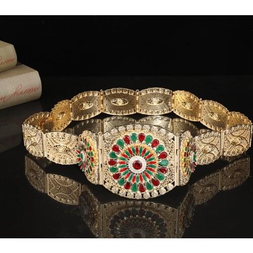 Moroccan Style Gig Gold Belt - Rhinestones Embellished With Gold - Aristocratic Round Hollow Crystal Floral Waist Chain