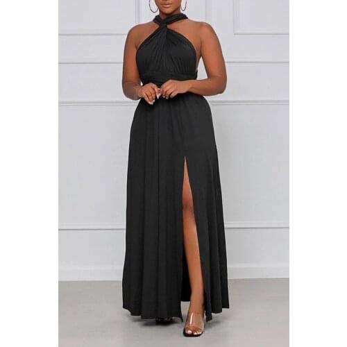 RMSFE 2021 Womens Milk Silk Solid Color Fashion Sexy Neck Strap Hollow Large Split Dress