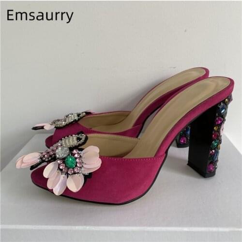 Crystal Rhinestone Flower Sandals For Girls Women Diamond High Heels Peep Toe Luxury Suede Slingbacks Lady Mules
