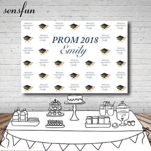 Sensfun Graduation Prom Party Step And Repeat Backdrop Custom Name Bachelor Cap White Backgrounds For Photo Studio Vinyl