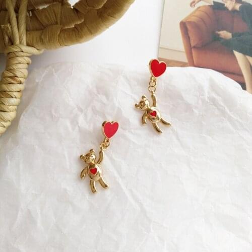 Wholesale S925 Silvery Pin Cute Bear Ear Pendant Red Lovely Trendy Simple Non-Mainstream Ear Stud Wholesale
