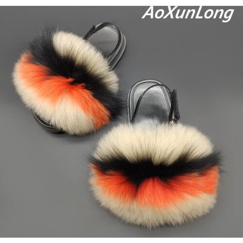 Kids Real Fox Fur Slippers Fluffy Plush Fur Slides Children Fox Fur Flip Flops Girls Home Flat Sandals Baby Toddler Slippers