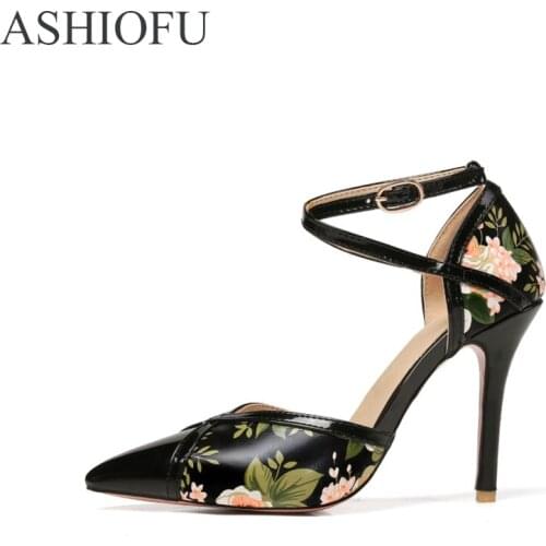 ASHIOFU Women High Heel Pumps Classic Flower Leather Wedding Party Dress Shoes Buckle Strap Fashion Evening Court Shoes
