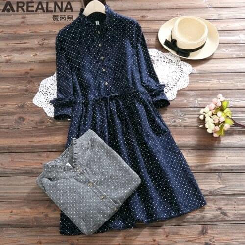 Mori Girl 2020 Spring Women Dresses Stand Collar Elbise Casual Loose Long Sleeve Vintage Polka Dot Printed dress women Vestidos