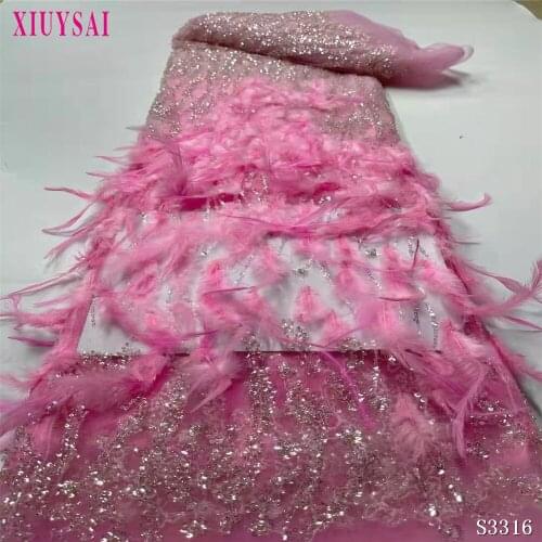 XIUYSAI 2020 Luxury French Nigerian Laces Fabrics High Quality Handmade Feather Sequins African Laces Fabric for Wedding dress
