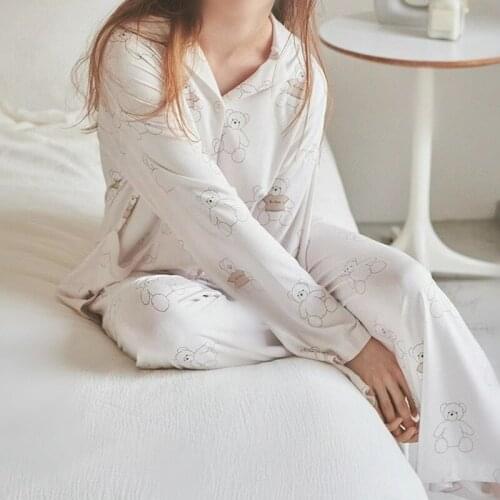 Japanese Cute Cartoon Bear Home Suit Side Pockets Long Sleeve&trousers Pajamas Set Soft Modal Cotton Sleepwear Loose Pyjamas