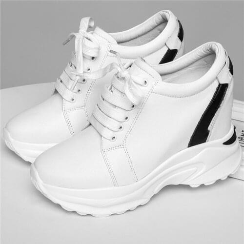 10cm High Heel Lace Up Creepers Women Genuine Leather Hidden Wedges Ankle Boots Female Round Toe Fashion Sneakers Casual Shoes