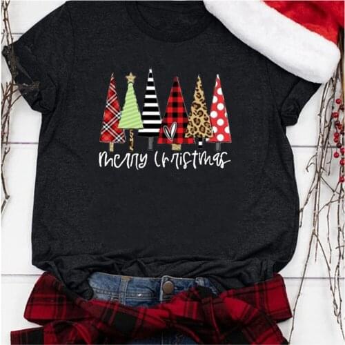Woman Tshirts Graphic Tees Short Sleeve Harajuku Clothes Merry Christmas Colorful Trees Print T-shirts Women