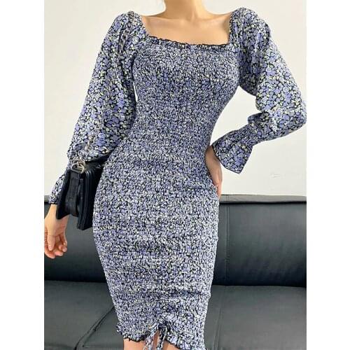 YENKYE Vintage Floral Print Elastic Dress Women Front Drawstring Long Sleeve Bodycon Mini Sexy Dress Ladies Autumn Vestido