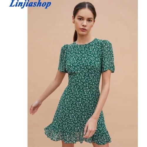 Vintage Green Floral Print Dress Women O Neck Short Sleeve A-line Holiday Summer Chiffon Dress Ruffle Vestido