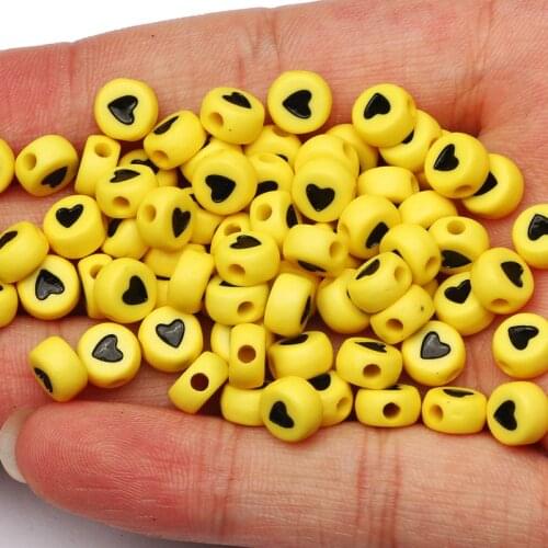 100-500pcs Yellow Round Acrylic Beads 4x7mm Black Heart Spacer Beads For Jewelry Making DIY Charm Necklace Bracelet Accessory