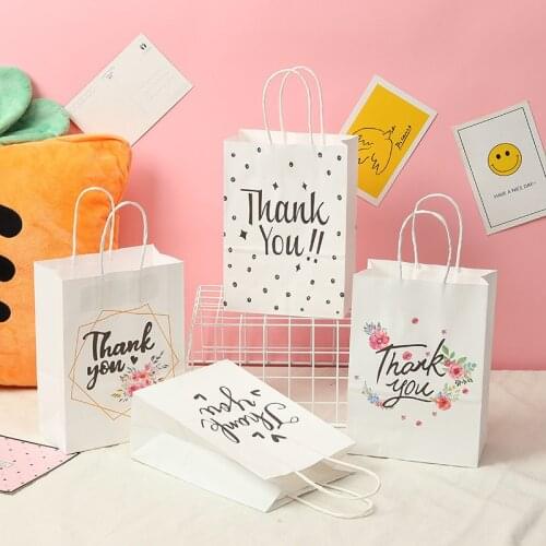 12 Pcs /Set White Thank You Paper Packaging Bag Dragee Paper Gift Bag with Handle Flower Wrapping Bags Wedding Birthday Party