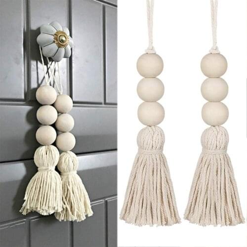 2Pcs Rustic Wood Bead Garland Farmhouse Prayer Beads Door Knob Wall Hanging Ornaments Living Room Kitchen Bedroom Home Décor