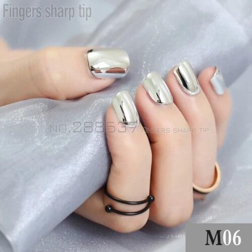 24 pcs Personality New metal fake nail Silver Punk Solid color metal wind short metal False Nails Full Artificial Nails M06