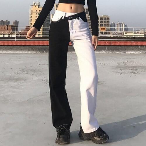 Irregular Splicing Contrast Color Jeans Womens Spring E-Girls Loose New High Waist Straight Tube Female Denim Pants