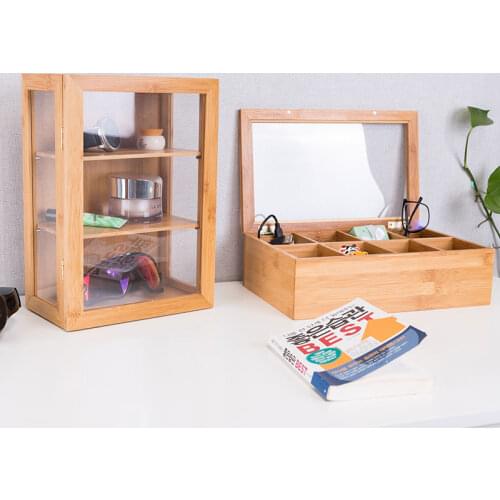Bamboo Storage Box with Cover Retro Style Dolls Display Cabinet Desktop Table Organizer Sundries/Jewelry Box