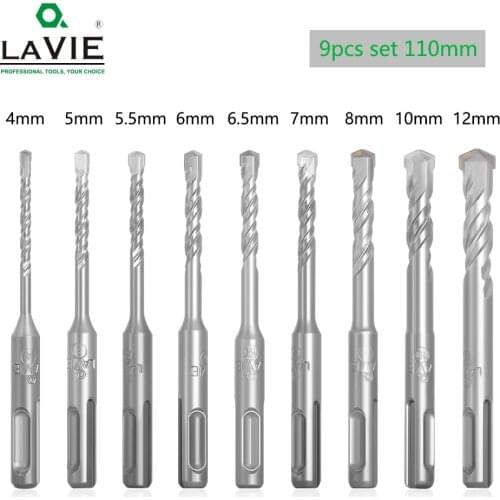 LAVIE 9pcs Electric Hammer SDS Plus Drill Bits Set 110mm Concrete Wall Brick Block Masonry Hole Saw Drilling 4mm 5mm 6mm 017