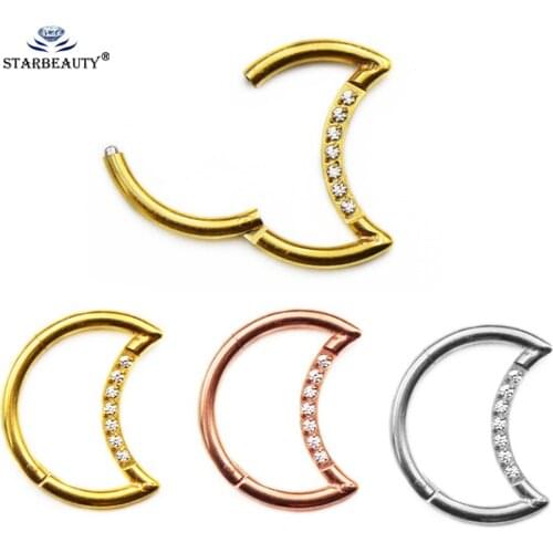 G23 Titanium Moon Shaped Nostril Septum Piercing Ear Tragus Cartilage Helix Lip Earring Clicker Segment Hoop Nose Rings Zircon