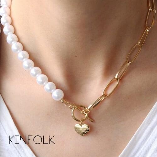 KINFOLK Gold Pearl Layered Chain Necklace Heart pendant Necklaces For Women Bohemian Necklace Chocker Necklace Jewelry