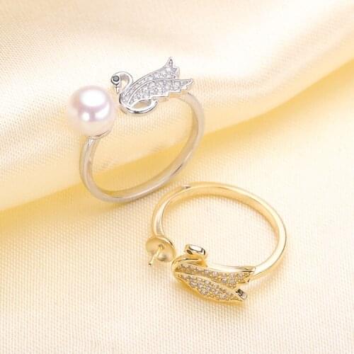 Elegant Swan Design Pearl Rings Settings S925 Sterling Silver Rings Holder Open Adjustable Rings Findings Silver&Gold Color 3Pcs