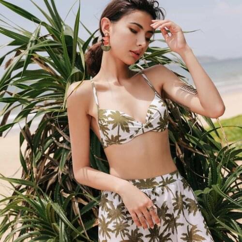 Three Pieces Swimsuits Women Halter Bathing Suits Women Leaf Print Swimwear High Waist Bikini Set Push Up Cover Up