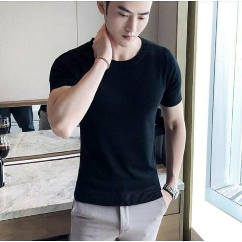 Summer Mens Knitting T-Shirts Pullover Crew Neck Stretch Tops Slim Fit Leisure