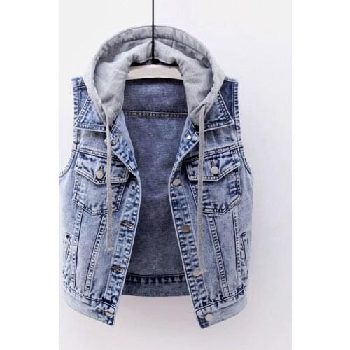 Summer new denim coat vest hooded patchwork pocket button short slim all match jackets outwear coat tops