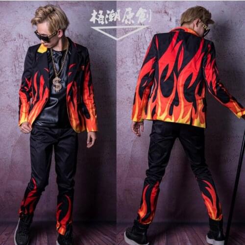 M-4xl Men Singer Stage Flame Special Effects Suit Men Long Sleeve Suit Hairdresser Bar Nightclub Performance Clothes Costumes