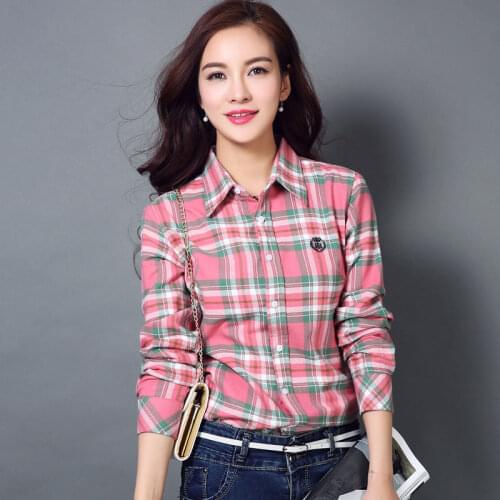 M-XXXL Women Cotton Shirt Spring Autumn 2021 New Casual Long-sleeve Brushed Plaid Stripe Shirt Slim Girls Tops Female