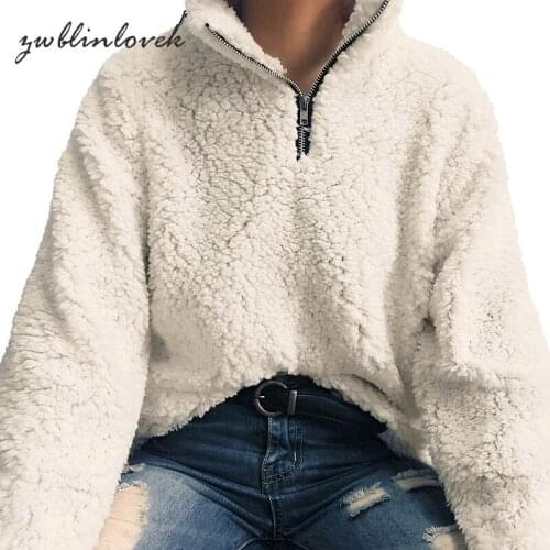 Fashion Women Plush Coat Autumn Winter Solid Lamb Fur Sweatshirts Long Sleeve Stand Collar Zipper Pullovers Warm Tops 2C0053