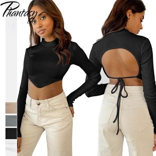 Phantasy Fashion Women Autumn T-shirts Sexy Backless Bandage Tops Half High Neck Long Sleeve Tee Shirt Casual Short Slim Blouse