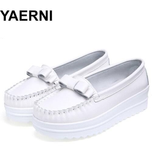 YAERNI Platform knot women autumn moccasins lace-up tassels genuine leather casual moccasins 2019 comfortable shoes woman