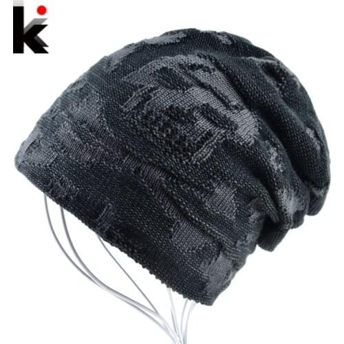 Mens skull hat winter skullies knitted wool hat plus velvet hip hop cap thicker bonnet beanie stocking hats for men touca