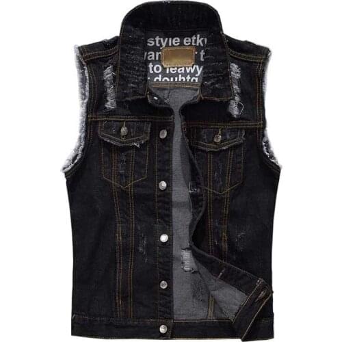New Fashion Men Ripped Vest Sleeveless Jacket Cotton Waistcoat Casual Slimming Jeans Denim Vest Male Clothes Plus Size M-5XL