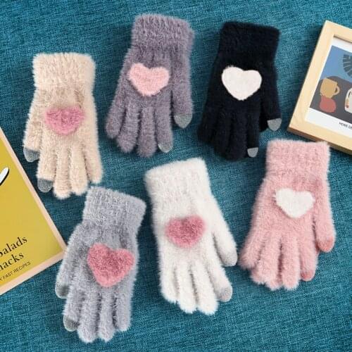 Winter Lovely Women Knitted Gloves Soft Touch Screen Rabbit Wool Keep Warm Girls' Pink Heart Mittens Gloves