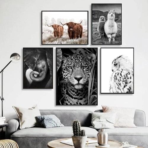 Jaguar Cow Cute Alpaca Animal Poster And Prints Black White Wall Art Nursery Canvas Painting Pictures For Living Room Home Decor