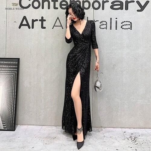 Prom Dresses V-Neck Ankle-Length Dresses Woman Party Night Mermaid Sequin Evening Dresses with Sleeves
