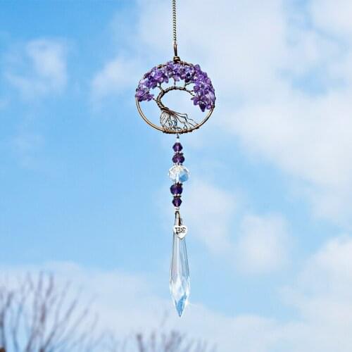 H&D Fantasy Amethyst Tree of Life Suncatcher Rainbow Maker Hanging Crystal Pendant Healing Decor for Window,Car,Wedding,Party