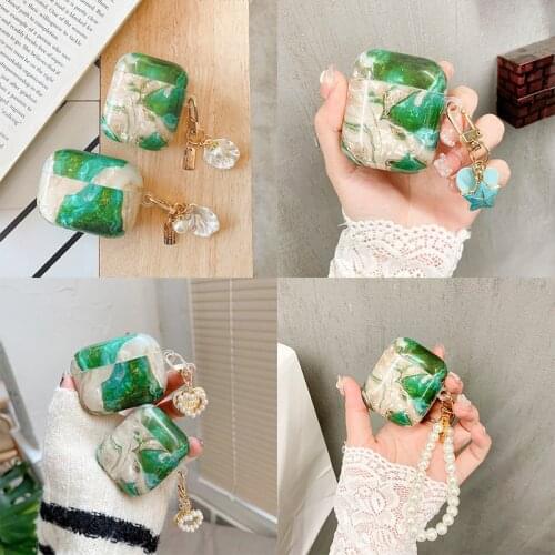 Luxury 3D Dream Green Glossy Shell TPU Soft Earphone Case For Apple airpods 1 2 Pro 3 Headset Box Cover with Cute Pearl Keychain