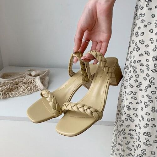 Fashion New Summer Sandals For Women 2021 Weave Sexy Ladies High Heels PU Thick Heel Open Toe Solid Slippers Female Slides