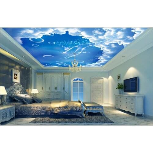 WDBH Custom photo 3d ceiling murals wallpaper Blue sky, white clouds, blue whale roams home decor room wallpaper for walls 3 d