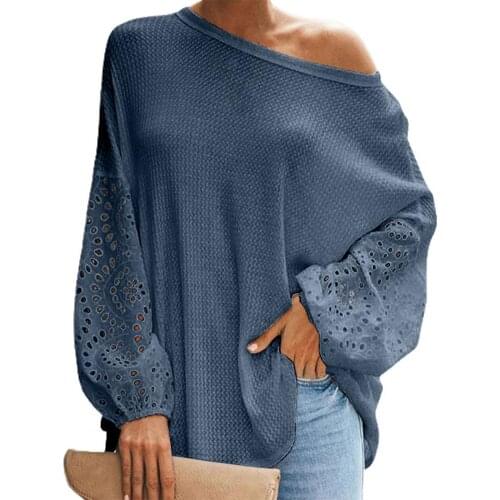 Women Casual Bat Shirt Solid Color Hollow Out Long Sleeve Summer Autumn Solid Color Round Neck Shirt Streetwear Pullover Tops