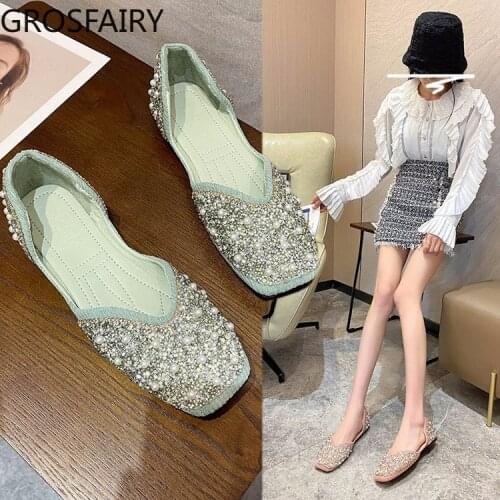 Womens Flat Shoes Summer New Style Square Toe Shallow Mouth Flat Womens Shoes Rhinestone Pearl Casual Soft Sole Womens Shoes