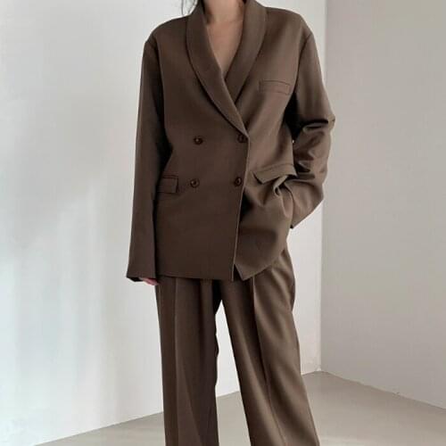 Elegant Women Pant Suits Double-breasted Blazer Jacket High Waist Pants 2 Pieces-set Office Lady Style Work Suits