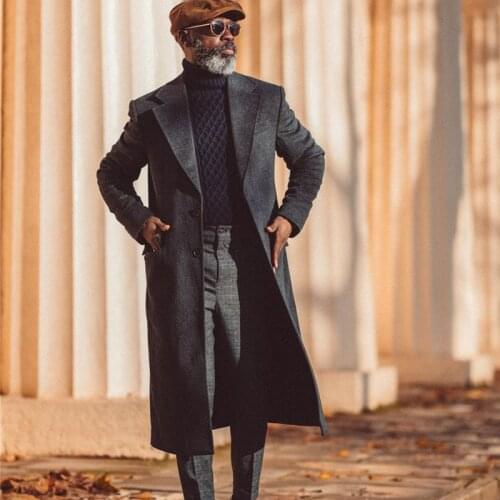 Winter Coat Thick Greatcoat Grey Wool Men Suits Peaked Lapel Outfit Custom Made One Piece Long Overcoat High Quality Jacket