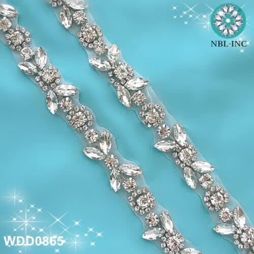 10 yards) Wholesale bridal hand beaded sewing silver crystal rhinestone applique trim for wedding dress WDD0865