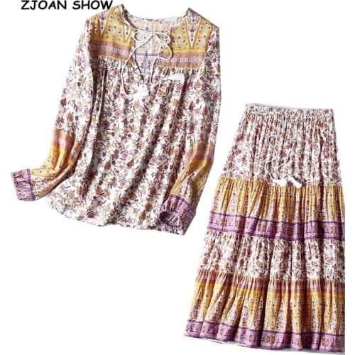 2020 BOHO Location Floral Print Long sleeve Shirt Ethnic Women Tie bow Lacing up Strappy V neck Blouse Cotton Holiday Tops 1 set
